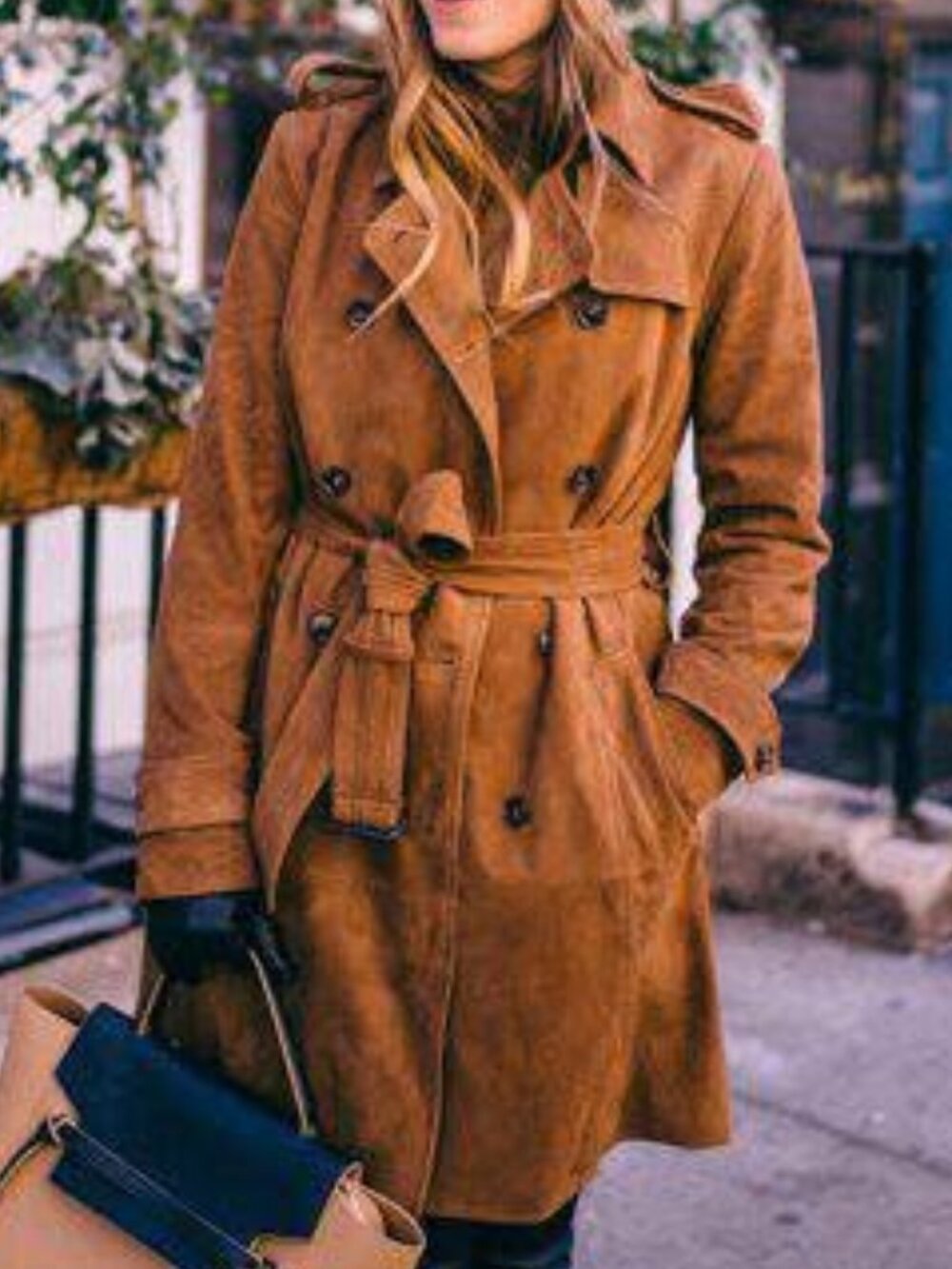 Michael Kors Faux Suede Trench Camel Coloured Tortoise Buttons Size Large